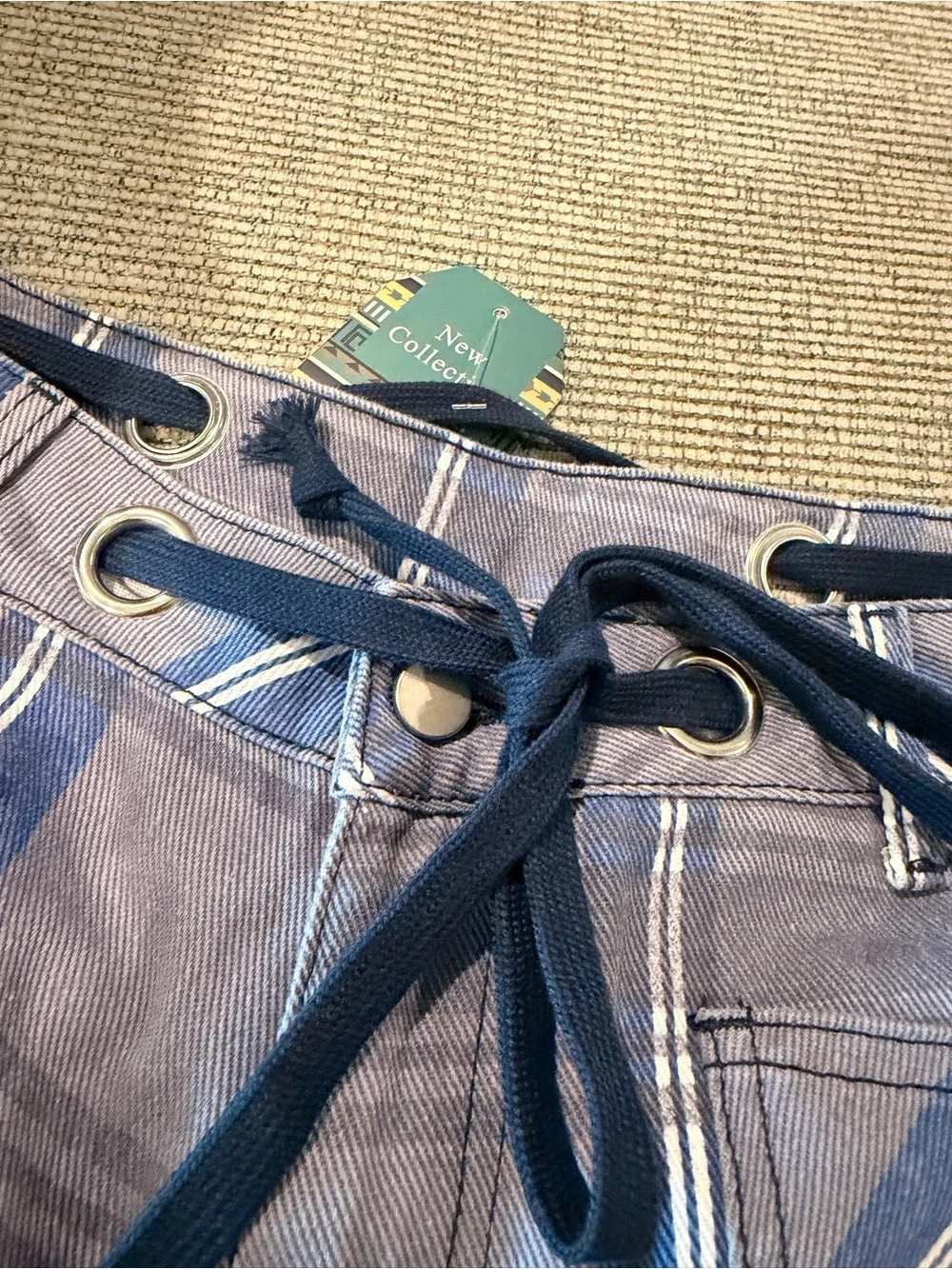 Plaid Wide-Leg Women's Jeans Deep Pockets Slate Blue with Navy Rope Waist Tie 12